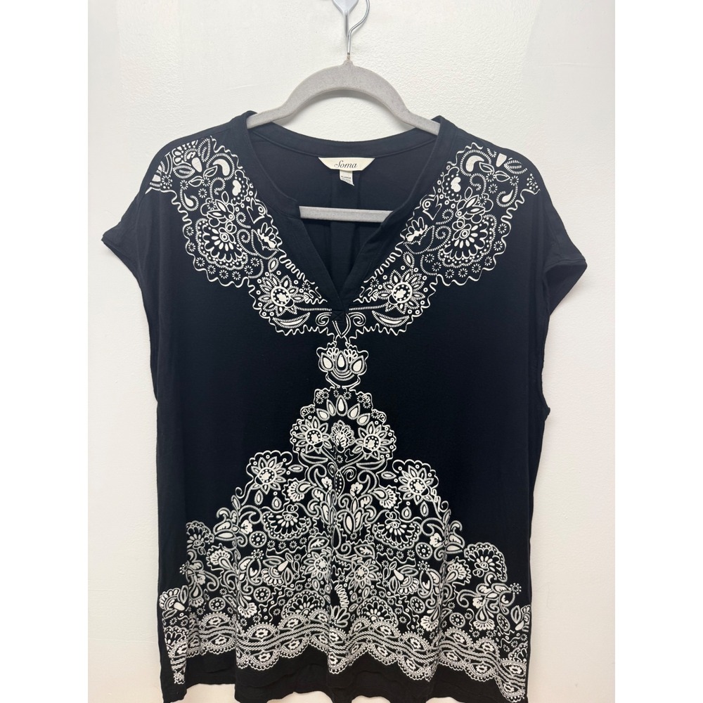 Soma Pajama Set Womens XL Black White Medallion Print Tunic Pants Lounge 2pc #49 - Picture 3 of 7